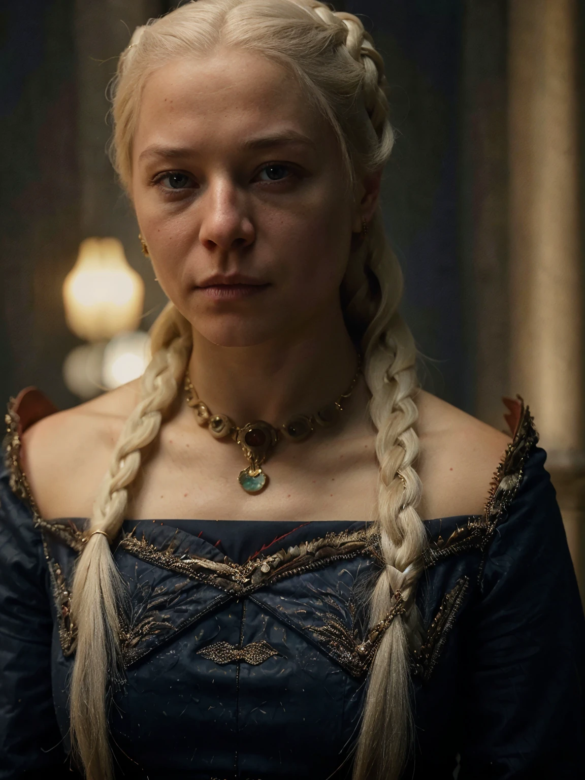 high resolution photo close-up of rha3nyra,she has a long braid white hair ponytail and she is wearing a necklace and a blue targaryan dress,the scene has a dramatic look,she is outside in front of a castle,volumetric lighting and bokeh,the background is super detailed,the shot is cinematic