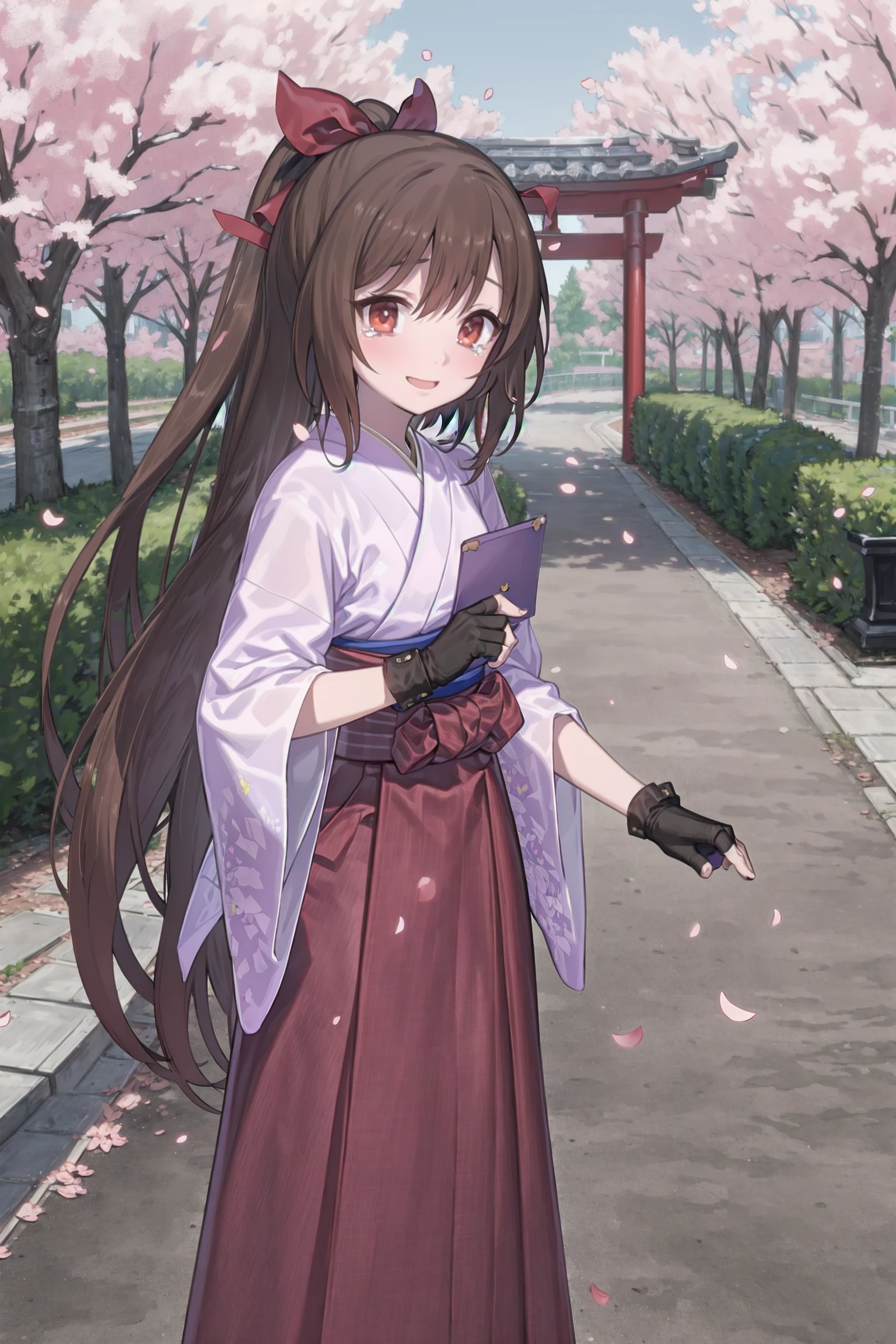 absurdres, high detail, uhd, encourage, entrance gate, street, cherry, cherry blossoms, falling petals, spring, couboy shot,
standing, holding mail, light smile, tears,
ranan, long hair, ponytail, red ribbon, pink_kimono, wide_sleeves, obi, brown_gloves, fingerless_gloves, hakama_skirt, red_hakama
<lora:gomaotsu-ranun-t1-000080:0.8>