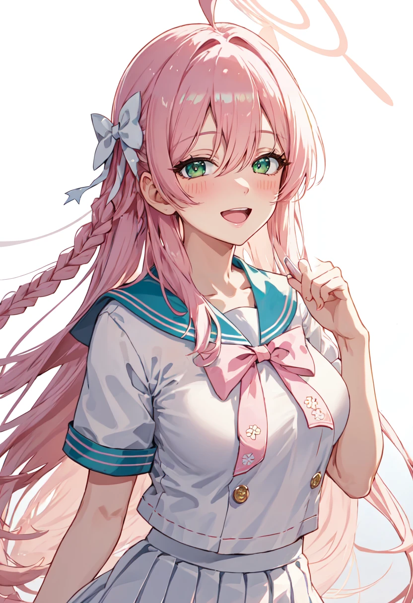 best quality, masterpiece, highres, solo, (hanako_bluearchive:1.10), short sleeves, 1girl, blush, smile, white skirt, looking at viewer, pleated skirt, white shirt, blue sailor collar, single braid, white serafuku, pink bow, closed mouth, simple background, white background, open mouth, 7 <lora:hanako_bluearchive:0.80>