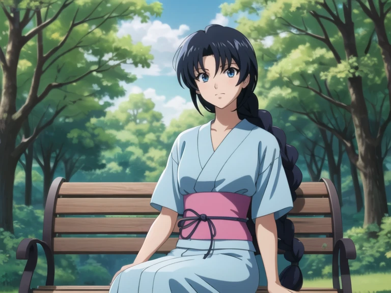 ((illustration, 90s, 1990s, anime)), 40_anime, 8_MakimachiMisao, dataset, 1girl, single braid, black hair, long hair, blue eyes, japanese clothes, short sleeves, blue short kimono, pink bow, sash, looking at viewer, expressive face details, outdoors of a beautiful forest, <lora:Makimachi Misao:1.1>, makimachi misao, sitting in a bench in a beautiful park, masterpiece, best quality, high quality