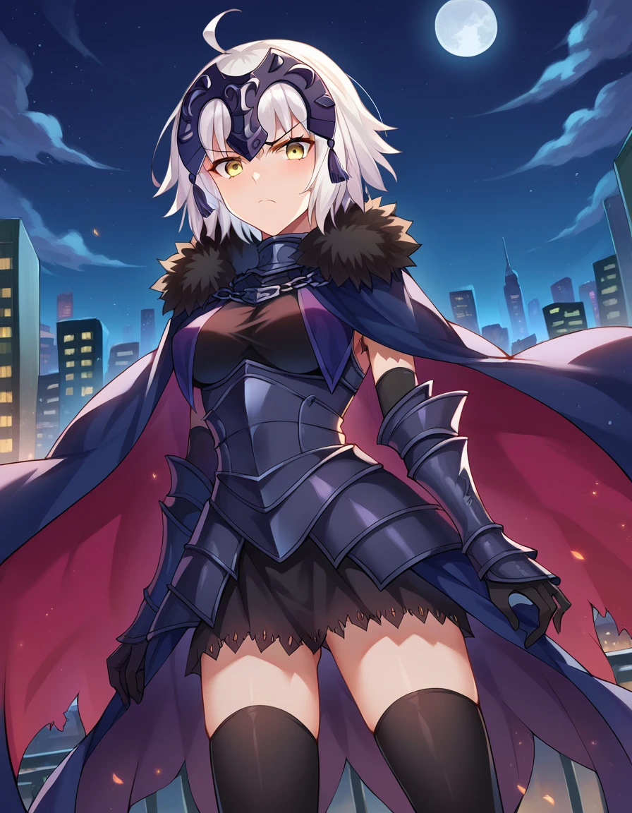 score_9, score_8_up, score_7_up, source_anime,
jalter, <lora:jeanne-darc-alter-ponyxl-lora-nochekaiser:1>,
jalter, white hair, yellow eyes, ahoge,
short hair, headpiece, armor, armored dress, black thighhighs, cape, dress, fur trim, fur-trimmed cape, scowl, sheath, short dress, thighhighs, torn clothes,
outdoors, cityscape, night, moon,
looking at viewer, dutch angle, cowboy shot,