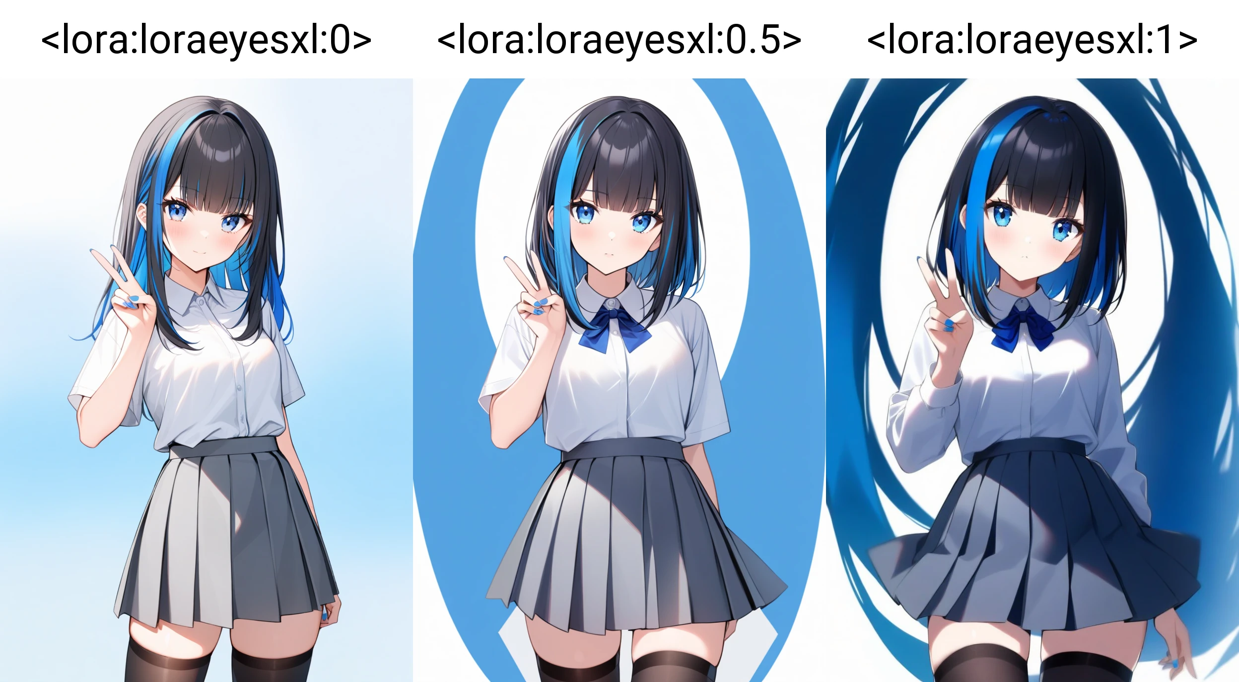 1girl,black_hair,black_thighhighs,blue_eyes,blue_hair,blue_nails,blunt_bangs,closed_mouth,collared_shirt,cowboy_shot,grey_skirt,multicolored_hair,pleated_skirt,shirt,shirt_tucked_in,sidelocks,simple_background,skirt,streaked_hair,thighhighs,two-tone_hair,v,white_background,white_shirt,<lora:loraeyesxl:0>,