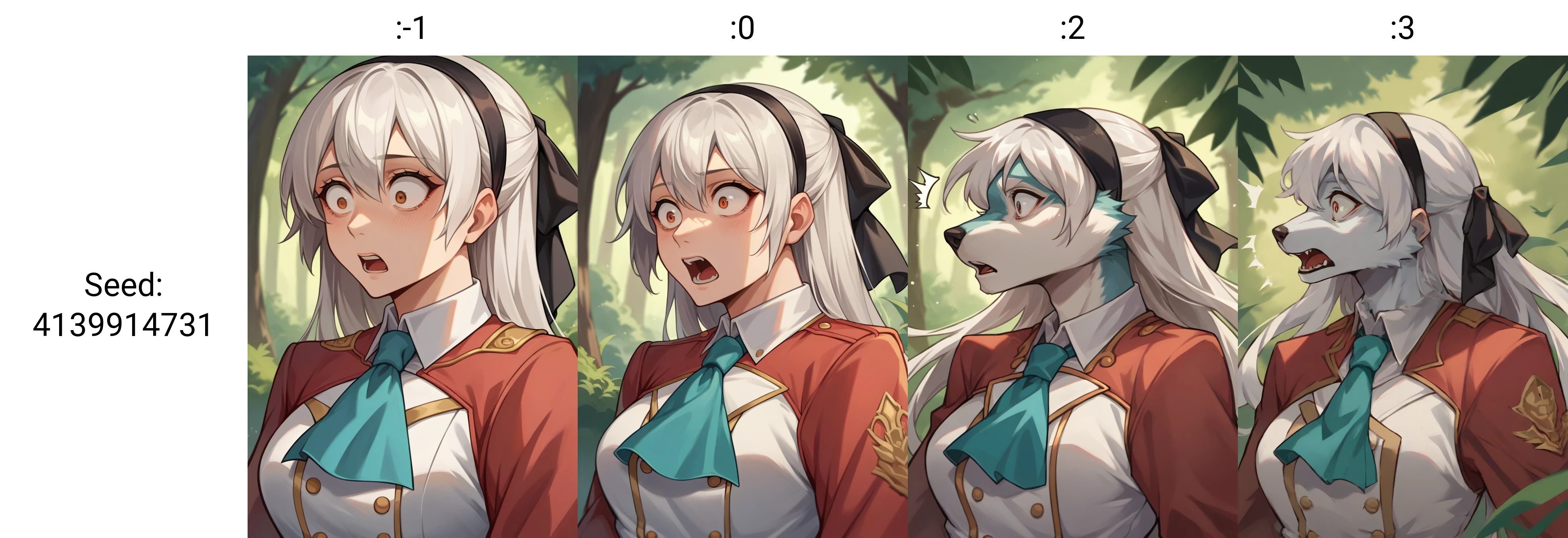 score_9, score_8_up,score_7_up,source_furry, source_ anime, 
human,anthro wolf, forest,
zeroElie, black hairband, hair ribbon, long hair, ascot, uniform, long red sleeves, white dress,  upper body, white hair, surprised,
<lora:Slider_human-anthro_v1:-1> <lora:elie-pdxl-nvwls-v1:0.8>