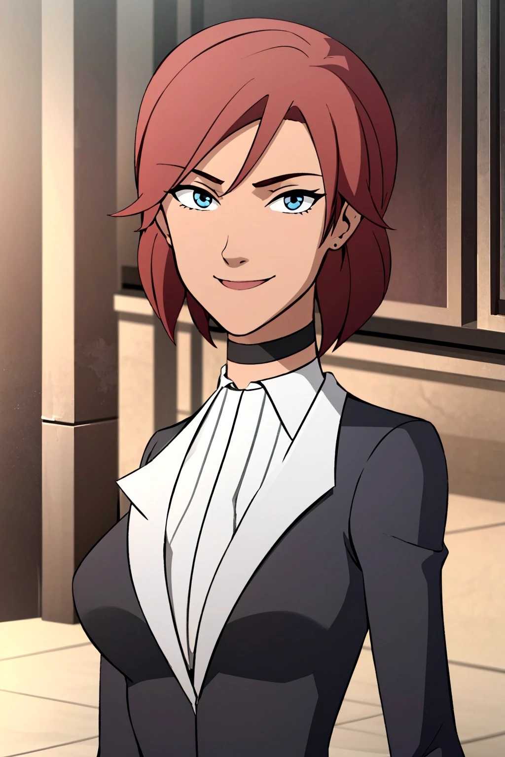 (best quality,8k:1.2,high resolution:1.2), (best quality:1.3), (4K quality),masterpiece, best quality, high res, detailed, (Detailed face:1.2), (Detailed eyes:1.2), (Perfect figure:1.2), CARTOON, ANIME, CARTOON ARTSTYLE, ultra-detailed, vintage science fiction, Star Wars based setting, extremely detailed face, long eyelashes, a upper body shot of a woman (Mara Jade), long orange hair, bright blue eyes, a determined look, smirking and stoic gaze. She's wearing a tight shiny black leather suit, tan cape, gloves, silver utility belt and high-heel boots. She's holding a purple lightsaber. Background: Indoors, marble hallway, pillars, blue and orange mist in the surroundings.
