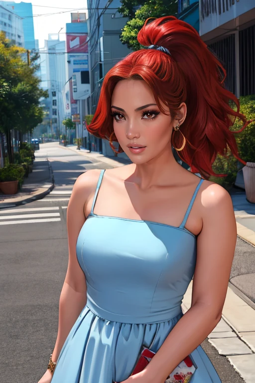 ((detailed)), ((masterpiece)), 8k resolution,
1girl, JenniferLopez, brown eyes, lips, earrings, jewelry,
a woman, skater dress, knee-high socks, sneakers, (red hair, classic ponytail:1.2), upper body, <lora:celebrityown_JenniferLopez:0.6>