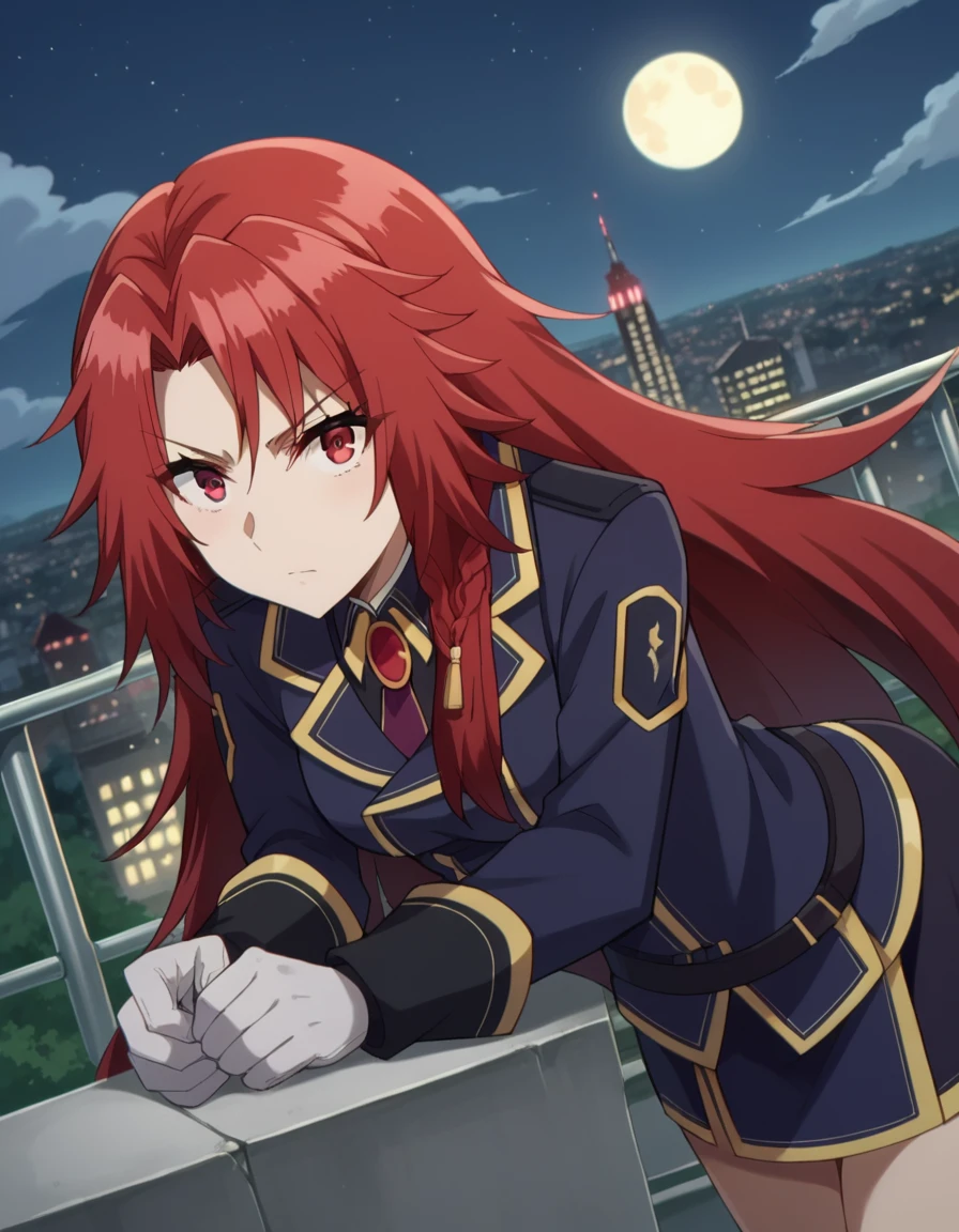 score_9, score_8_up, score_7_up, source_anime,
irismidgar, <lora:iris-midgar-ponyxl-lora-nochekaiser:1>,
iris midgar, long hair, red eyes, braid, red hair,
skirt, gloves, long sleeves, jacket, necktie, white gloves, uniform, military, military uniform,
outdoors, cityscape, night, moon, bent over,
looking at viewer, dutch angle,