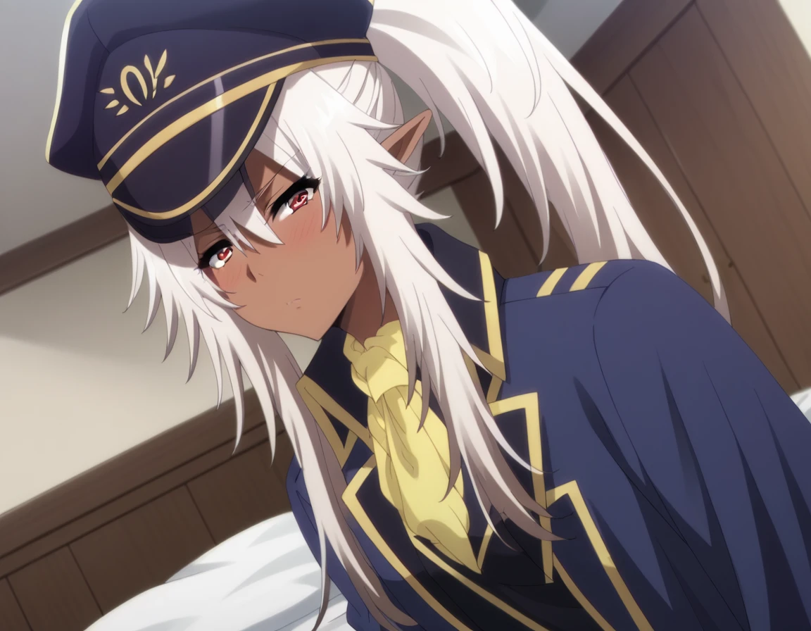 score_9, score_8_up, score_7_up, source_anime,
shadowlambda, <lora:shadow-lambda-ponyxl-lora-nochekaiser:1>,
lambda, long hair, white hair, pointy ears, dark skin, dark-skinned female, sidelocks, ponytail, red eyes,
hat, uniform, coat, sleeves past wrists, military, military uniform, peaked cap,
indoors, bed, bed room, on side, blush, drunk,
looking at viewer, cowboy shot, dutch angle,