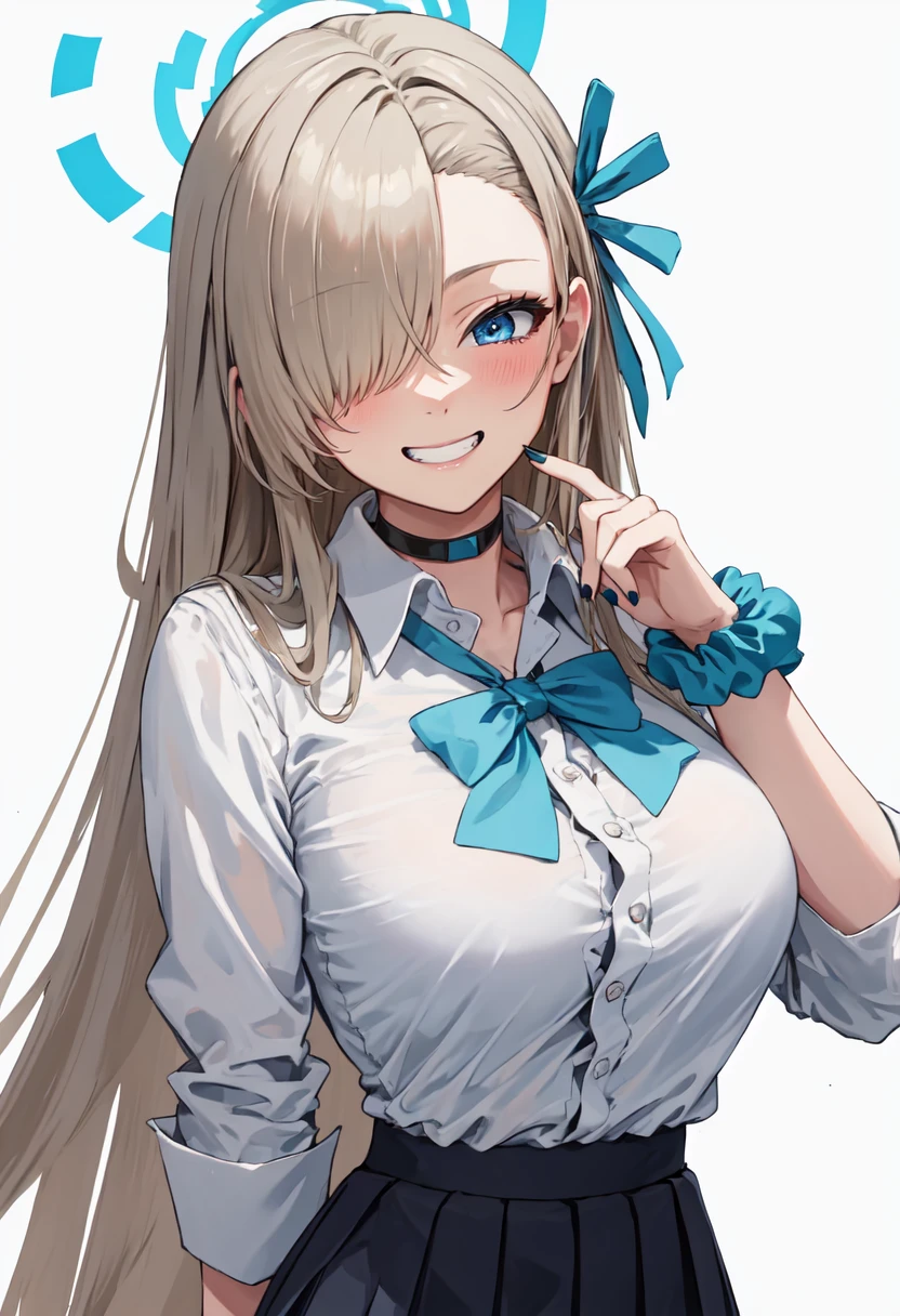 best quality, masterpiece, highres, solo, (asuna_bluearchive:1.10), 1girl, collared shirt, looking at viewer, pleated skirt, school uniform, white shirt, grin, black skirt, simple background, wrist scrunchie, white background, black choker, blue bowtie, blush, one eye covered, blue nails, nail polish, blue scrunchie, shirt tucked in, 9 <lora:asuna_bluearchive:0.80>
