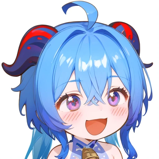 <lora:Ath_smile:1>,smile,1girl,solo,ganyu \(genshin impact\),horns,blue hair,white background,chibi,open mouth,blush,bell,bangs,simple background,ahoge,multicolored eyes,neck bell,sidelocks,long hair,purple eyes,portrait,bare shoulders,:d,hair between eyes,