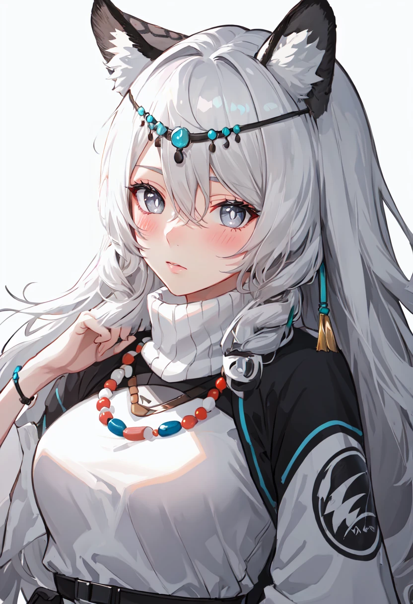 best quality, masterpiece, highres, solo, (pramanix_arknights:1.10), 1girl, bead necklace, looking at viewer, turtleneck, upper body, simple background, white background, blush, 6 <lora:pramanix_arknights:0.80>