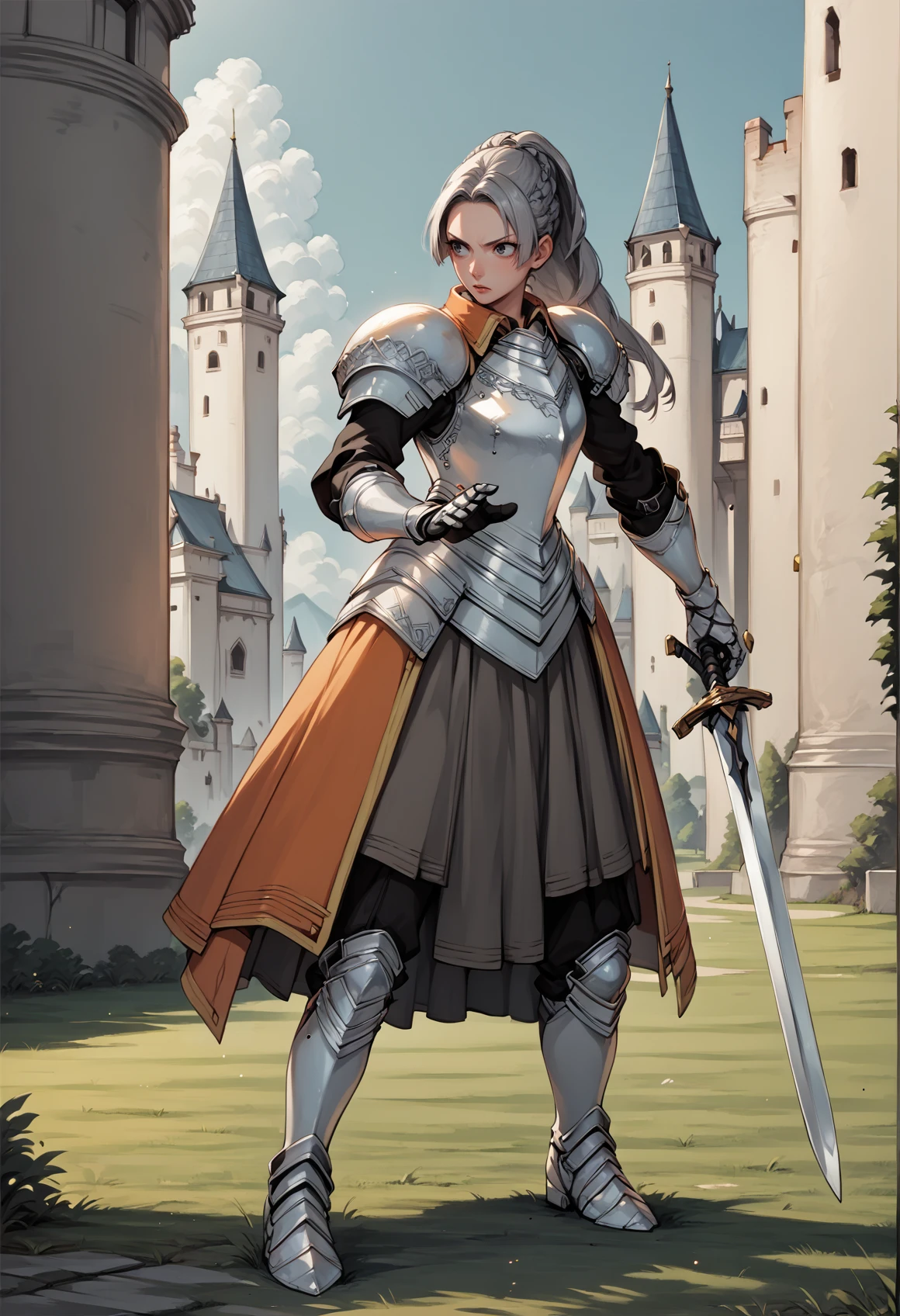 1girl, solo, long hair, grey hair, gray eyes, single hair bun, braid, orange dress, (armor), breastplate, pauldrons, greaves, gauntlets, standing, fighting stance, holding sword, outdoors, castle, full body <lora:Chris_Lightfellow_Suikoden_III_XL:1>, score_9, score_8_up, score_7_up, score_6_up, score_5_up, score_4_up, BREAK source_anime, masterpiece
