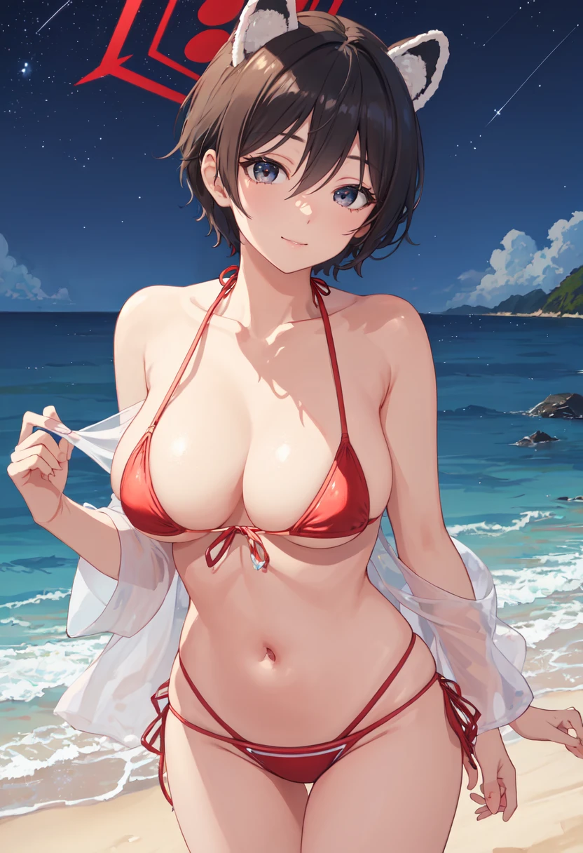 best quality, masterpiece, highres, solo, (tsubaki_bluearchive:1.10), (night:1.10), (starry sky:1.10), beach, beautiful detailed sky, (extremely detailed background:1.20), (standing:1.10), looking at viewer, (:1.30), light smile, 23 <lora:tsubaki_bluearchive:0.80>