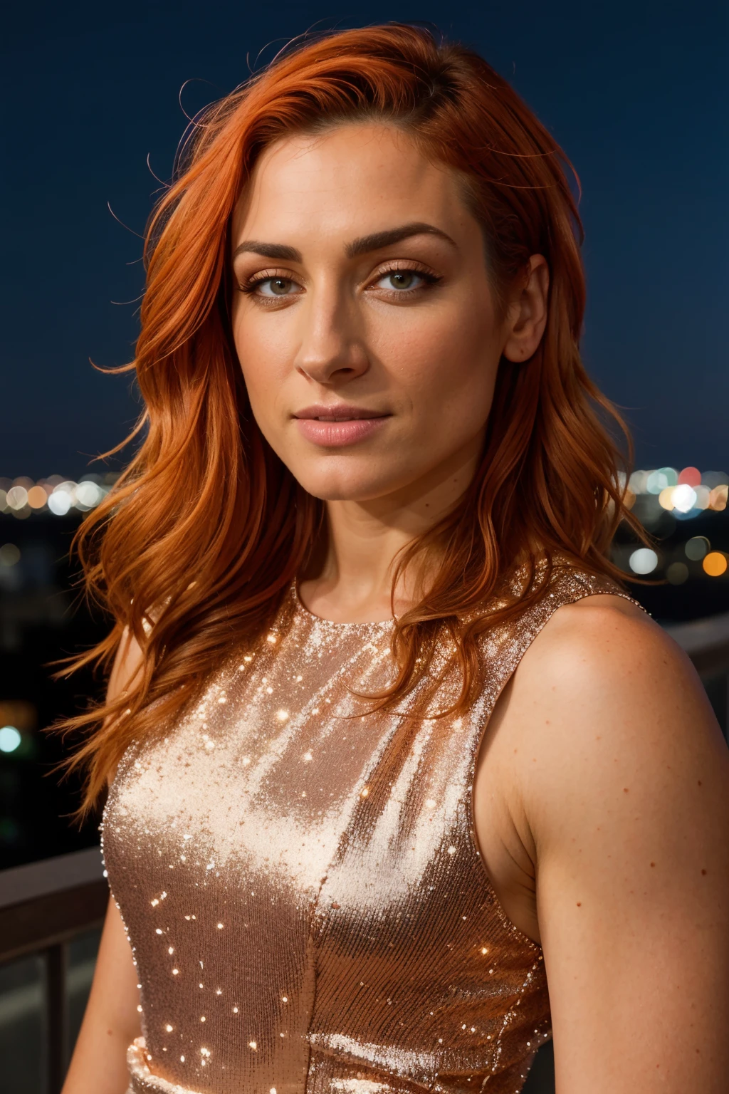 A photograph of (1girl, 35 years old), <lora:ZH_BeckyLynch_v1:1>, zh_beckylynch, solo, realistic, lips, red hair, brown eyes, looking at viewer, dress,