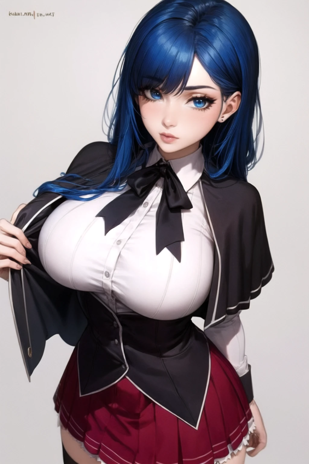 (from side, cowboy shot, standing), 1girl, blue hair, blue eyes, (large breasts), kuoh_academy_school_uniform, black bow, black bowtie, black capelet, black corset, collared shirt, pleated skirt, red skirt, school uniform, white shirt, miniskirt, kneehighs, shoes, <lora:kuoh_academy_school_uniform-000003:1>, BREAK
(masterpiece, best quality, ultra detailed, intricate details:1.2), (8k, 4k, beautiful detailed background, beautiful detailed eyes, perfect face, lip, nose, eyelashes), (solo, white background), perfect female body, lips,  <lora:more_details:0.4>