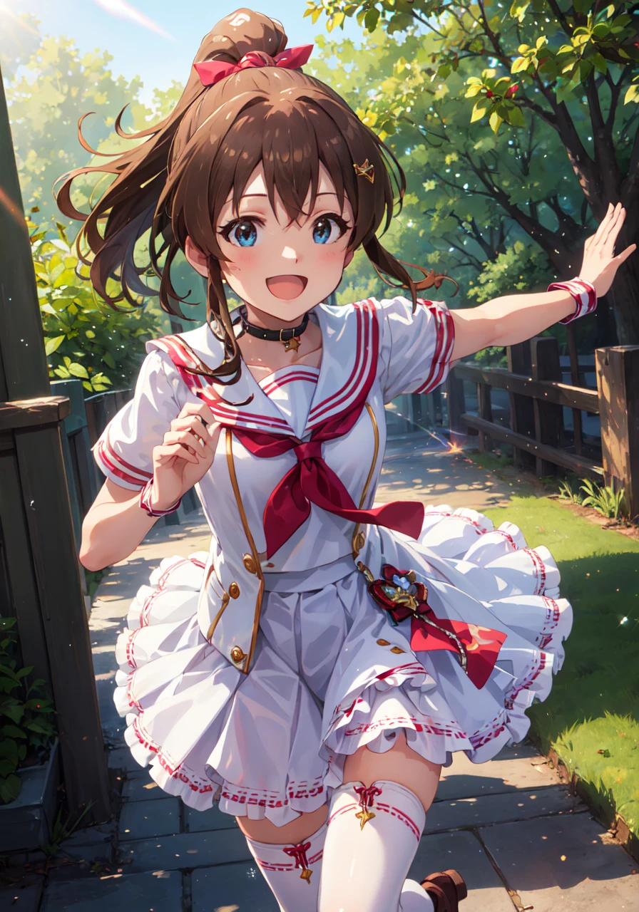 1girl, minako satake (million live), brown hair, ponytail, (best quality, 8K, masterpiece, ultra detailed:1.2), (lens flare, light particles, sparkle), depth of field, day, dappled sunlight, 1girl, solo, white thighhighs, school uniform, serafuku, sailor collar, layered skirt, running, :d, smile