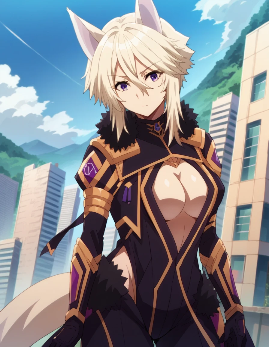 score_9, score_8_up, score_7_up, source_anime,
shadowzeta, <lora:shadow-zeta-ponyxl-lora-nochekaiser:1>,
zeta, animal ears, purple eyes, blonde hair,
gloves, cleavage, tail, black gloves, clothing cutout, cleavage cutout,
outdoors, cityscape,
looking at viewer, cowboy shot, dutch angle,