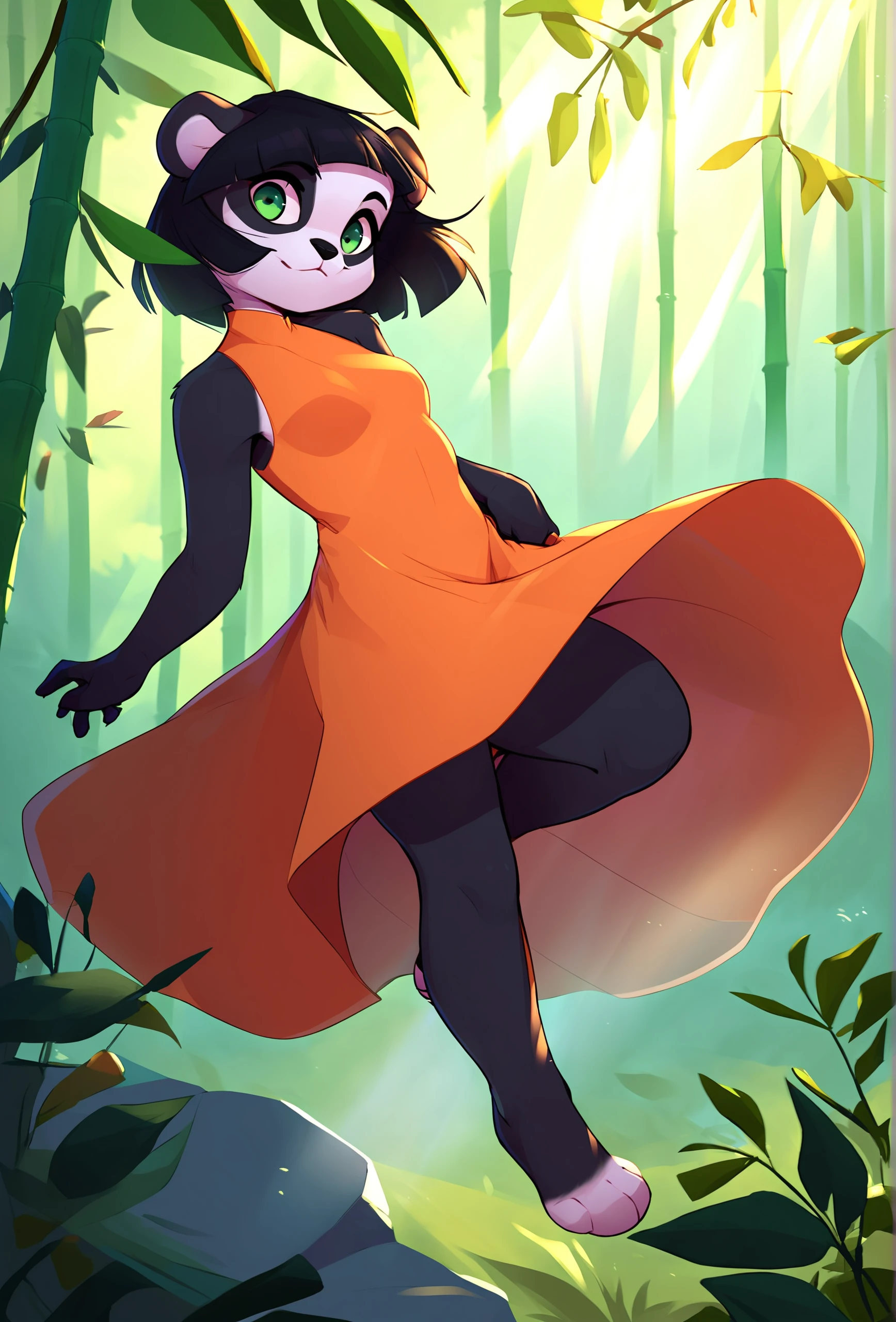 score_9, score_8_up, score_7_up, score_6_up, score_5_up, score_4_up, outdoors, source_furry, crepuscular rays, light rays, plant, bamboo forest, wind BREAK
<lora:pudgeruffian_style_ponyXL_v1_resized:1> pudgeruffianstyle, 1girl, solo, panda girl, furry, black fur, white fur, multicolored fur, black hair, medium hair, green eyes, sleeveless dress, orange dress, barefoot, dynamic pose, head tilt