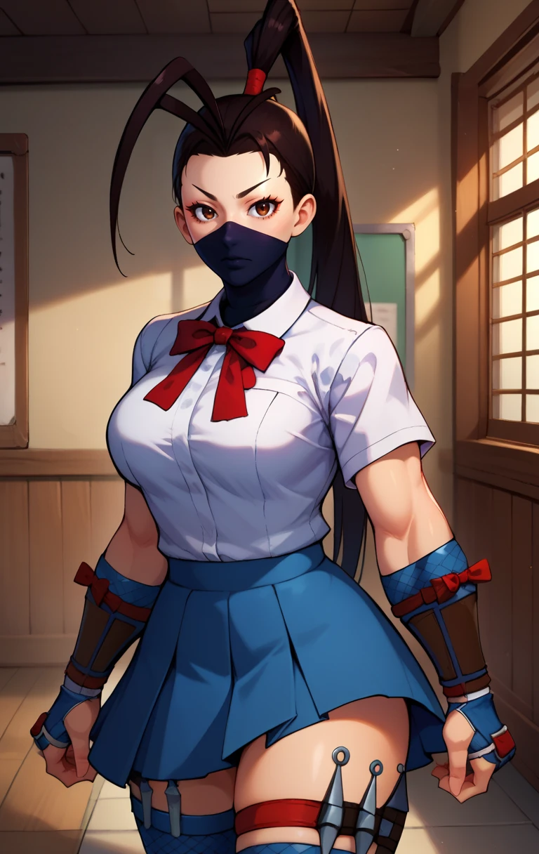 score_9, score_8_up, score_7_up, BREAK, <lora:ibuki-10:1> ibukisdxl, 1girl, solo, long hair, breasts, looking at viewer, skirt, brown eyes, shirt, black hair, thighhighs, gloves, school background, ribbon, school uniform, white shirt, ponytail, alternate costume, fingerless gloves, armor, red ribbon, blue skirt, neck ribbon, thigh strap, mask, antenna hair, mouth mask, ninja, arm guards, hair pulled back, kunai, ibuki (street fighter)