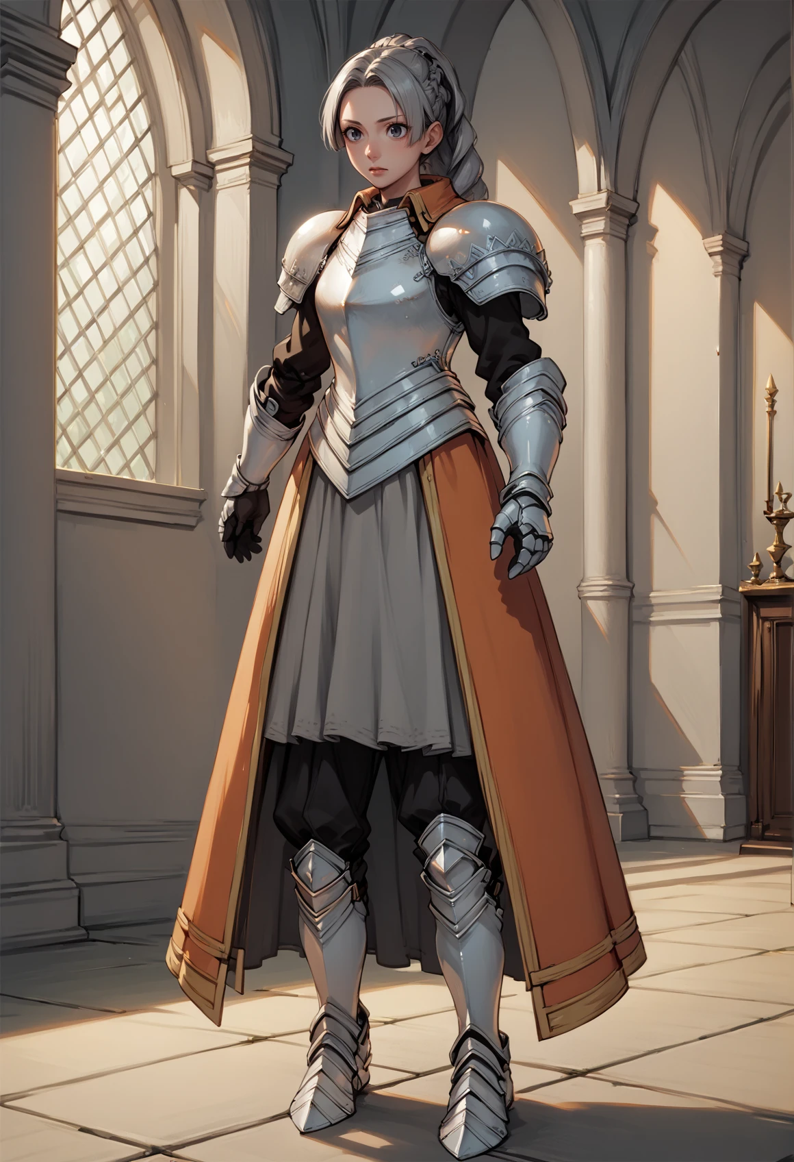 1girl, solo, long hair, grey hair, gray eyes, single hair bun, braid, orange dress, (armor), breastplate, pauldrons, greaves, gauntlets, standing, indoors, castle, full body <lora:Chris_Lightfellow_Suikoden_III_XL:1>, score_9, score_8_up, score_7_up, score_6_up, score_5_up, score_4_up, BREAK source_anime, masterpiece