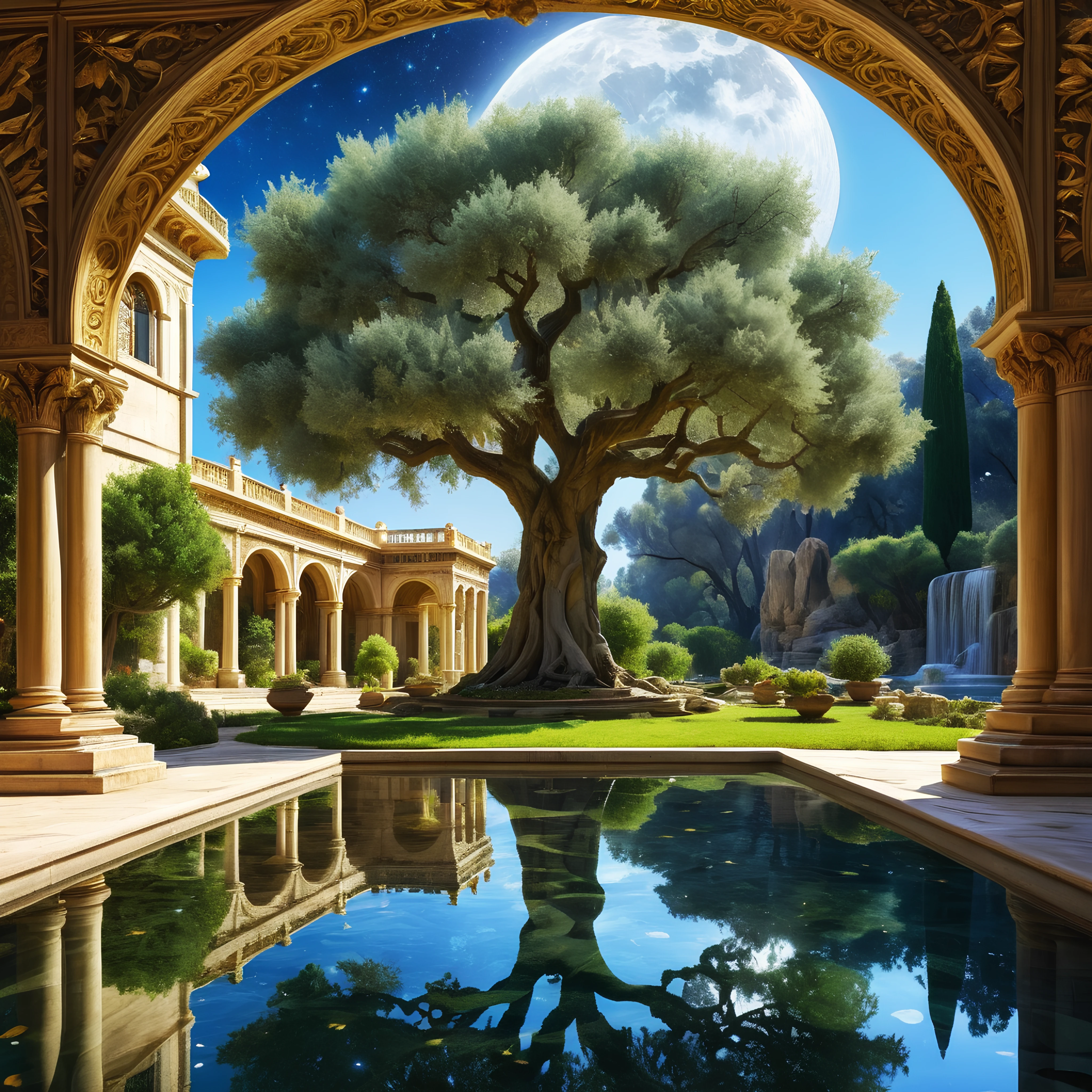 Gorgeous beautiful garden in front of the palace in the crystal city of fairies, prominent magnificent olive tree, water reflections, columns, arches, windows, forest, light gold enchanted stars, moon leaves, super detailed very intricate detailed matte painting, divine heavenly acrylic art, dendritic complex holographic hyper-detailed Behance HD screen, splash screen, trending on artstation, sharp focus, studio photo, intricate details, highly detailed, by greg rutkowski