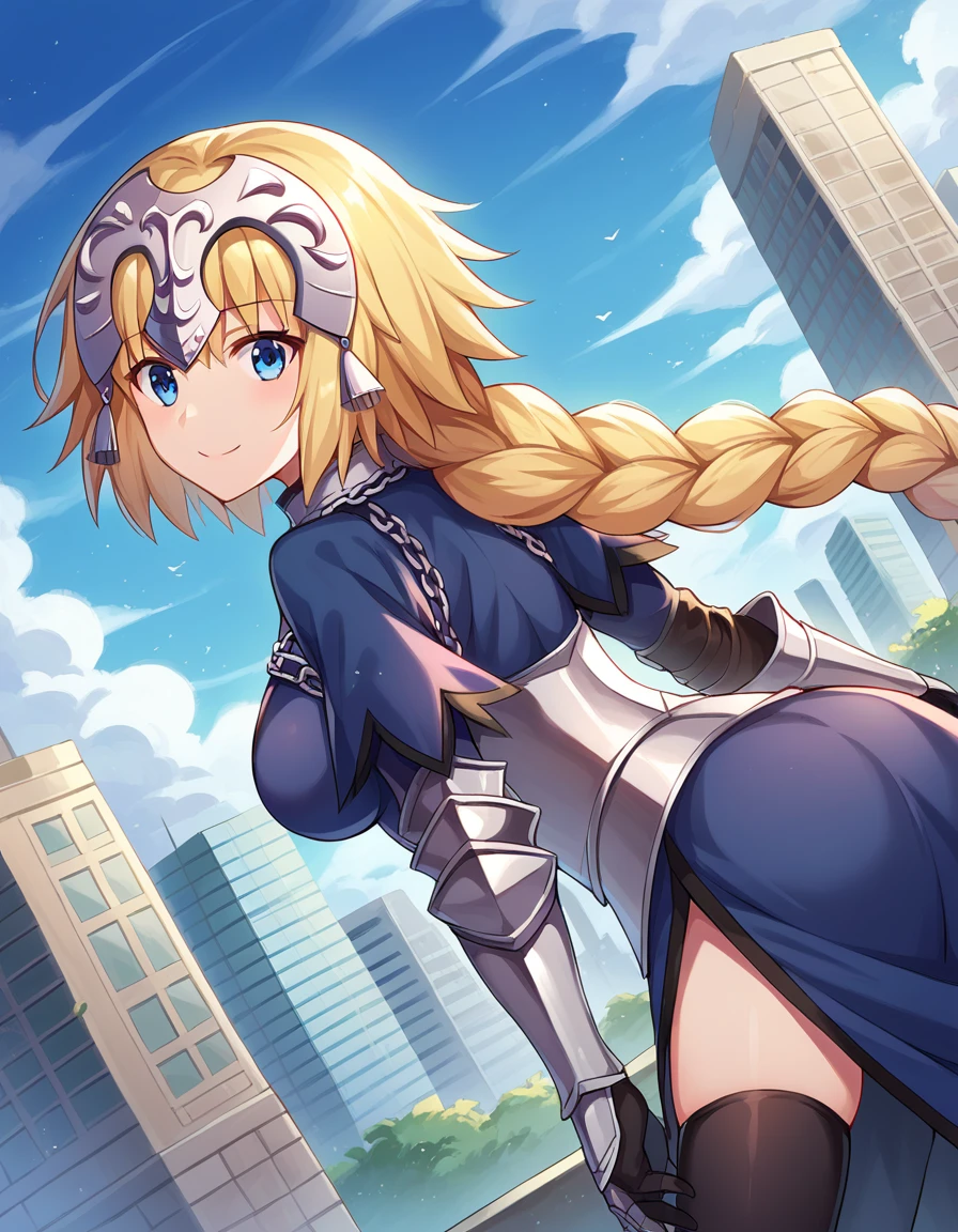 score_9, score_8_up, score_7_up, source_anime,
jeannedarc, <lora:jeanne-darc-ponyxl-lora-nochekaiser:1>,
jeanne darc, blonde hair, blue eyes, long hair, smile,
armor, armored boots, armored dress, black gloves, black thighhighs, braid, dress, gauntlets, gloves, headpiece, blue dress, single braid, thighhighs,
outdoors, cityscape, bent over,
looking at viewer, dutch angle, cowboy shot,