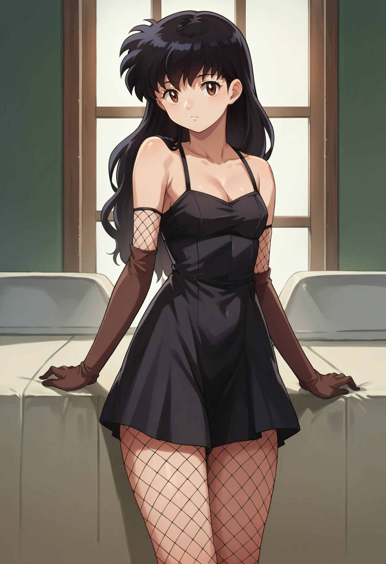 score_7, score_8_up, score_7_up, source_anime, 1girl, solo, looking at viewer, <lora:EPinKagumeSDXL-13:1.0>, EPinKagome, black hair, brown eyes, long hair, detailed background, black dress, short dress, fishnets, elbow gloves, cowboy shot, indoors, [living room|kitchen|bed room|classroom|bath room| train interior| car interior]