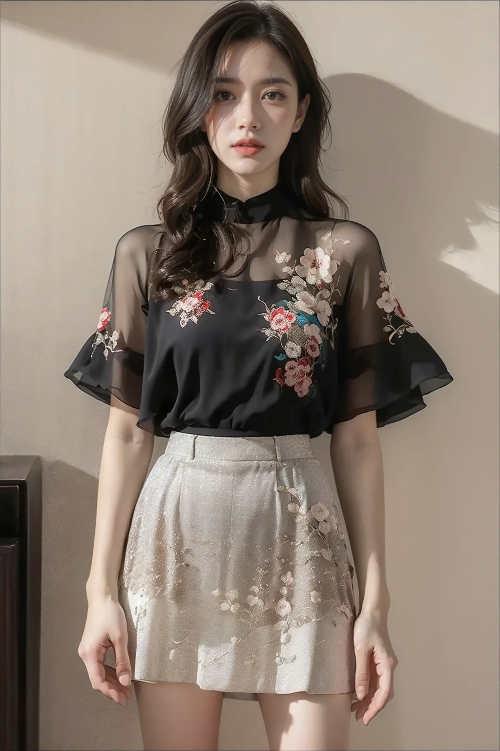 full_body,stand,xinzhongshi,transparent shirt,(patterned clothes:1.3),medium_skirt,((skirt:1.3)),complete body,<lora:xinzhongshi0.11:0.8>,<lora:1.5_perfect hands:0.8>,<lora:chinese-girl:0.7>,<lora:è
¿-000001:0.5>,the perfect hand,<lora:perfect hands:0.6>,è³è,v_legs,, best quality, masterpiece, (photorealistic:1),ultra high res,highres,, illustration. media, delicate,8k wallpaper,soft light,official art, (realistic:1.2),1girl,