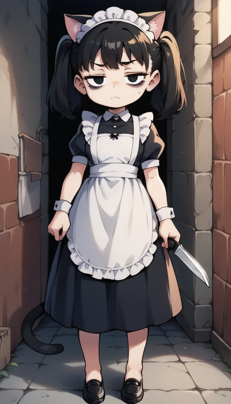 score_9, score_8_up, score_7_up, score_6_up, score_5_up, source_anime,  1girl, solo,  twintails, black hair, black eyes,  slight frown, bags under eyes, tired eyes, cat ears, tail, maid, full body, holding knife, pointing at viewer, looking at viewer, pov, dark alley way, night, shadow, low light, midnight, <lora:HarvestStyleV1_PonyXL:0.8>