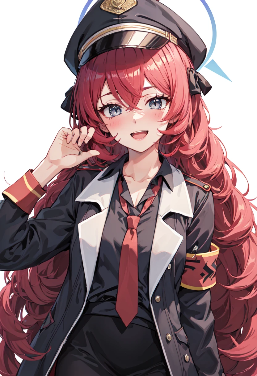 best quality, masterpiece, highres, solo, (iroha_bluearchive:1.10), 1girl, black shirt, blush, collared shirt, jacket, long sleeves, looking at viewer, red necktie, simple background, white background, armband, military uniform, open clothes, smile, safety pin, black skirt, open mouth, ribbon, 1 <lora:iroha_bluearchive:0.80>