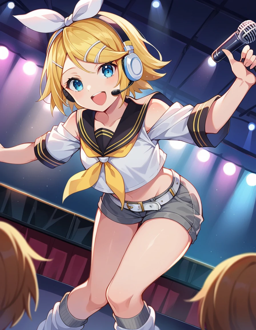 score_9, score_8_up, score_7_up, source_anime,
rinkagamine, <lora:rin-kagamine-ponyxl-lora-nochekaiser:1>,
rin kagamine, blonde hair, blue eyes, hair bow, headset, short hair, headphones, smile,
bare shoulders, belt, black sailor collar, black shorts, bow, crop top, detached sleeves, grey legwear, grey shorts, grey sleeves, hair bow, leg warmers, neckerchief, sailor collar, school uniform, shirt, short shorts, short sleeves, shorts, white bow, white footwear, white shirt, yellow neckerchief,
indoors, stage, stage lights, audience, singing, microphone, holding microphone, bent over,
looking at viewer, dutch angle, cowboy shot,