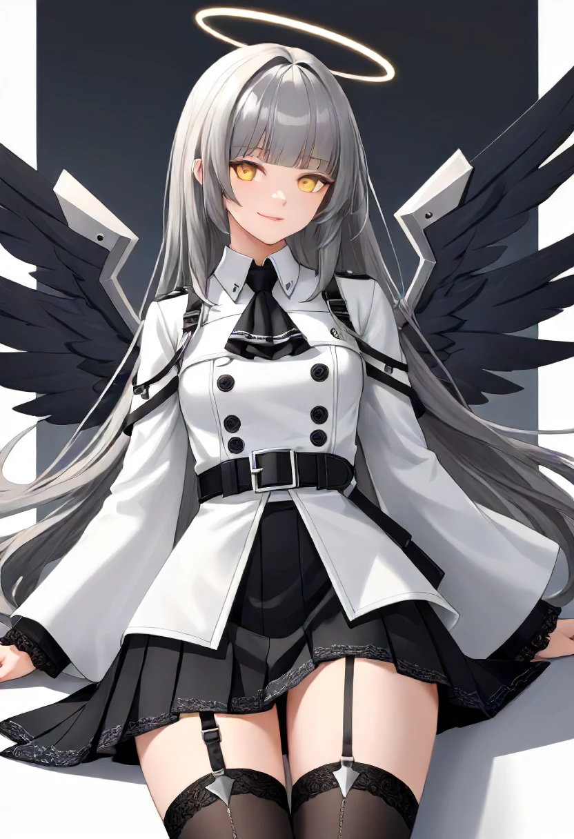 extremely detailed, intricate details, ,detailed_background,indoors,buckle,small breasts,eyelashes,lace-trimmed skirt,black hair,hand up,skirt,arknights,black eyes,detached wings,looking at viewer,belt pouch,ascot,black gloves,thighs,lace trim,colored inner hair,broken halo,grin,black skirt,wide sleeves,gloves,buttons,star \(symbol\),lips,black halo,layered sleeves,dark halo,white jacket,invisible floor,garter straps,halo,mole under eye,belt,parted lips,wing collar,black garter straps,long hair,shadow,zettai ryouiki,1girl,very long hair,energy wings,straight hair,leehwa owo,belt buckle,miniskirt,looking to the side,virtuosa \(arknights\),yellow pupils,strap,cowboy shot,white border,shirt,highres,two-tone hair,lace,pleated skirt,mole,grey hair,hand on own chest,from side,grey shirt,wings,collared jacket,hime cut,sitting,black wings,black ascot,thighhighs,blunt bangs,breasts,multicolored hair,arm support,smile,pale skin,pouch,long sleeves,sidelocks,black thighhighs,jacket,solo,gradient background,border,black belt