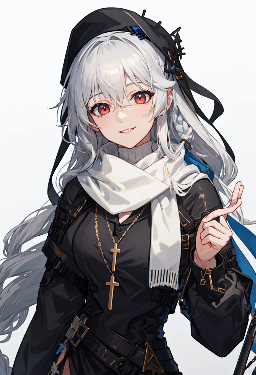 best quality, masterpiece, highres, solo, (specter_arknights:1.10), 1girl, official alternate costume, white scarf, cross necklace, long sleeves, looking at viewer, smile, black dress, upper body, closed mouth, braid, white background, simple background, 9 <lora:specter_arknights:0.80>
