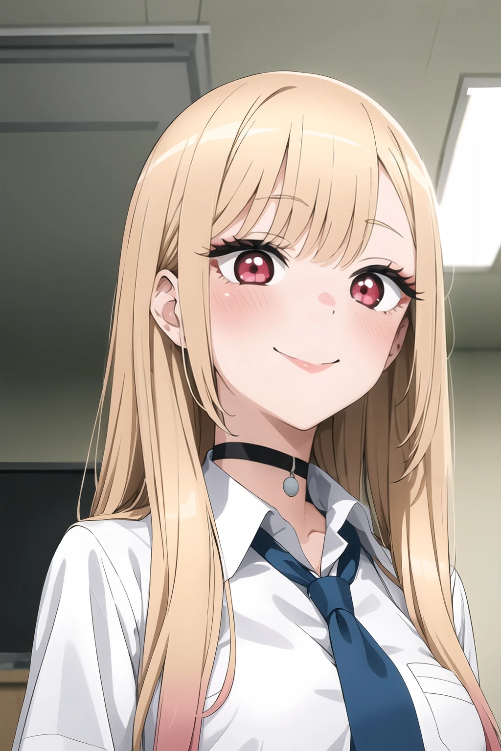 kitagawa marin, 1girl, solo, long hair, smile, bangs, blonde hair, blush, shirt, red eyes, school uniform, white shirt, upper body, necktie, choker, collared shirt, indoors, black choker, blue necktie, ceiling, <lora:Sono Bisque Doll wa Koi wo Suru - Marin Kitagawa V2:1>