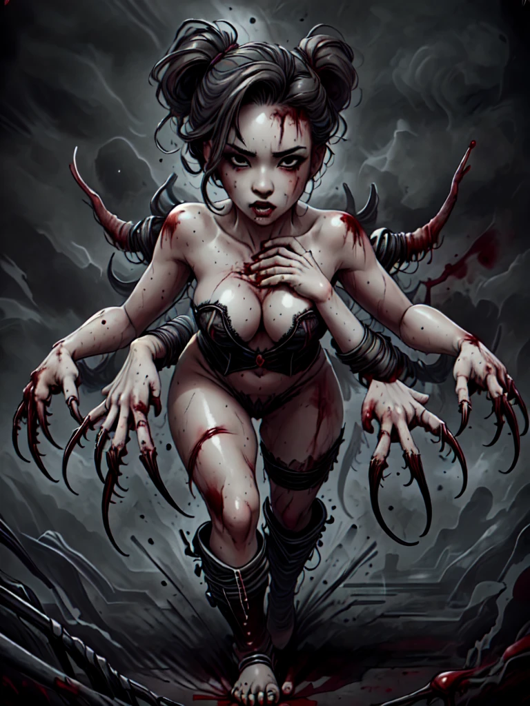 A sexy woman covered in blood, claws for hands, walking seductively towards the viewer, EMH