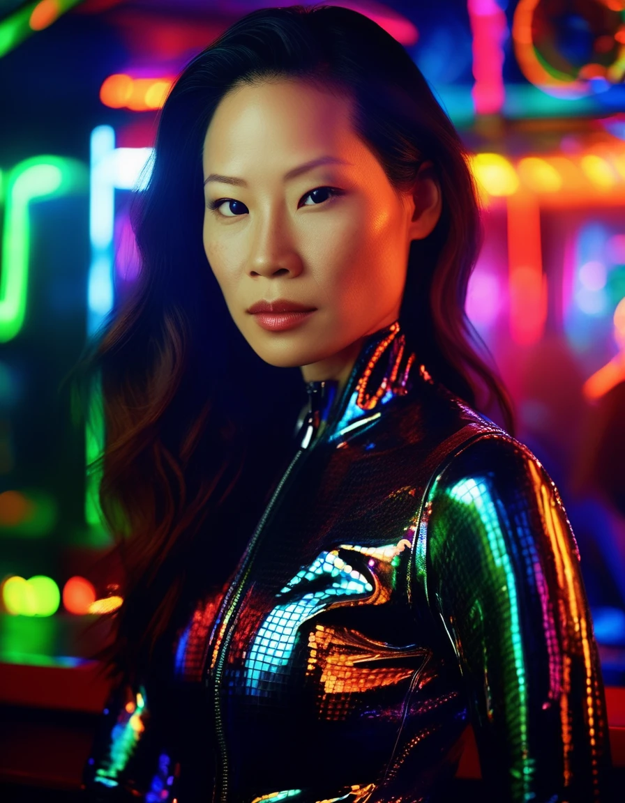 <lora:Lucy Liu v2:1.0> ,close-up professional portrait photo of ( lcylxsl woman),  looking at the camera , wearing  a black latex zipped up  body suit, very large bosom, sitting  at a upscale night club bar, neon lights,  highly detailed, hires, skin texture, subsurface scattering