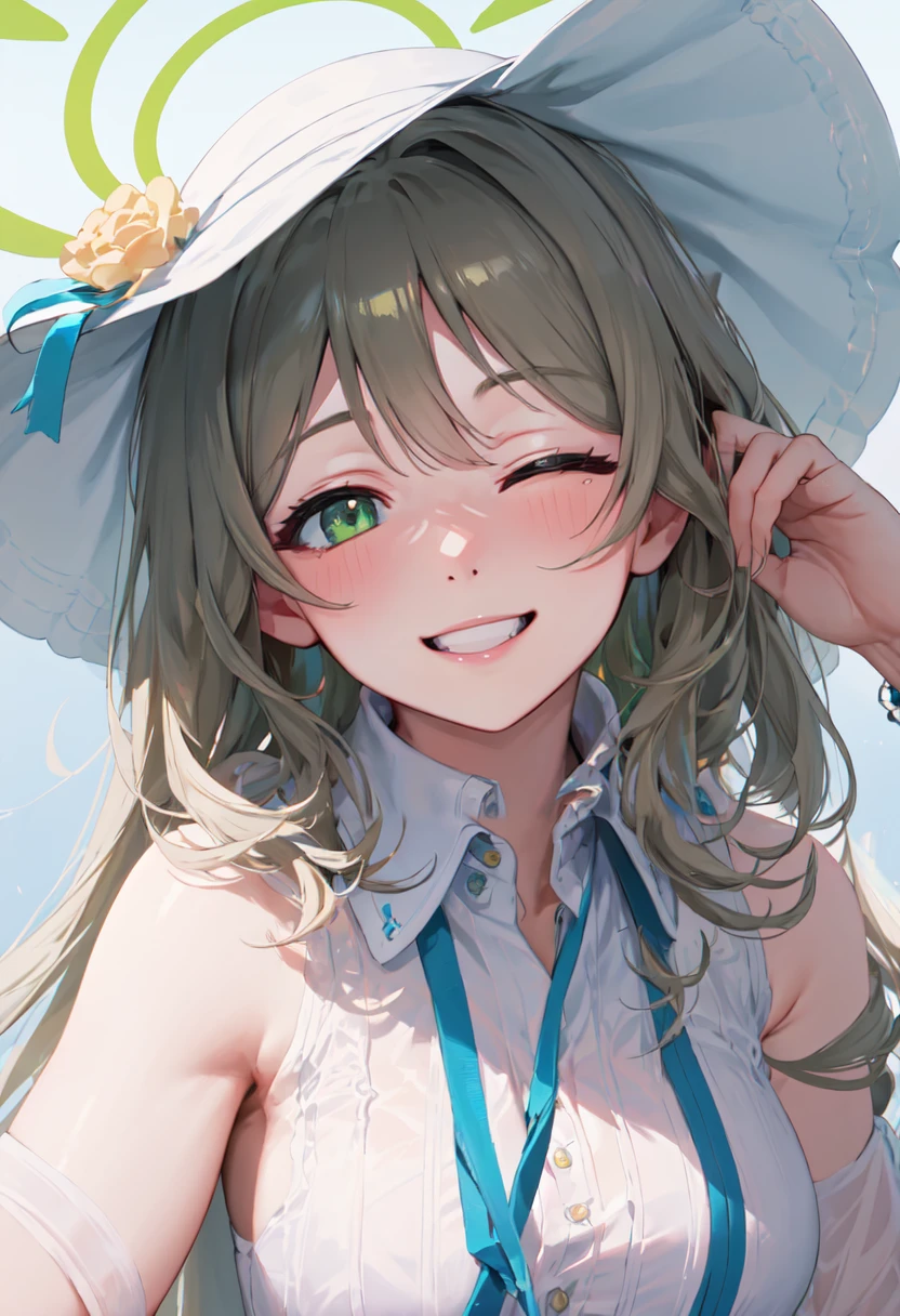 best quality, masterpiece, highres, solo, (nonomi_bluearchive:1.10), smile, happy, one eye closed, portrait, looking at viewer, 34 <lora:nonomi_bluearchive:0.80>