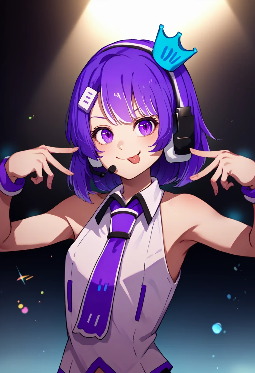 score_9, score_8_up, score_7_up, source_anime, solo, 1girl, twitch-chan, smile, looking at viewer, aihoshinopose, double v, tongue out, purple hair, hair ornament, headset, crown, purple eyes, white shirt, sleeveless shirt, purple necktie, bare shoulders, spotlight <lora:gijinkaseries_twitch_ponyXL:1> <lora:pose_aihoshinopose_ponyXL:1>