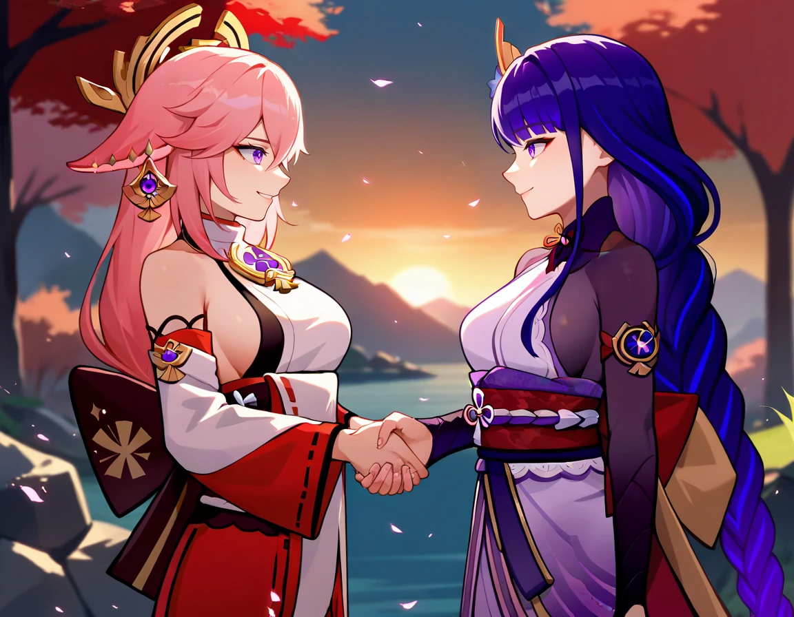 score_9, score_8_up, score_7_up, source_anime, 2girls, yae miko, raiden shogun, genshin impact, smile, looking at another, handshake, japanese clothes, sideboob, outdoors <lora:concept_handshake_ponyXL-000012:1>