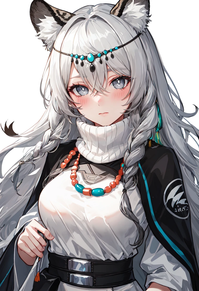 best quality, masterpiece, highres, solo, (pramanix_arknights:1.10), 1girl, bead necklace, looking at viewer, turtleneck, upper body, simple background, white background, blush, 5 <lora:pramanix_arknights:0.80>
