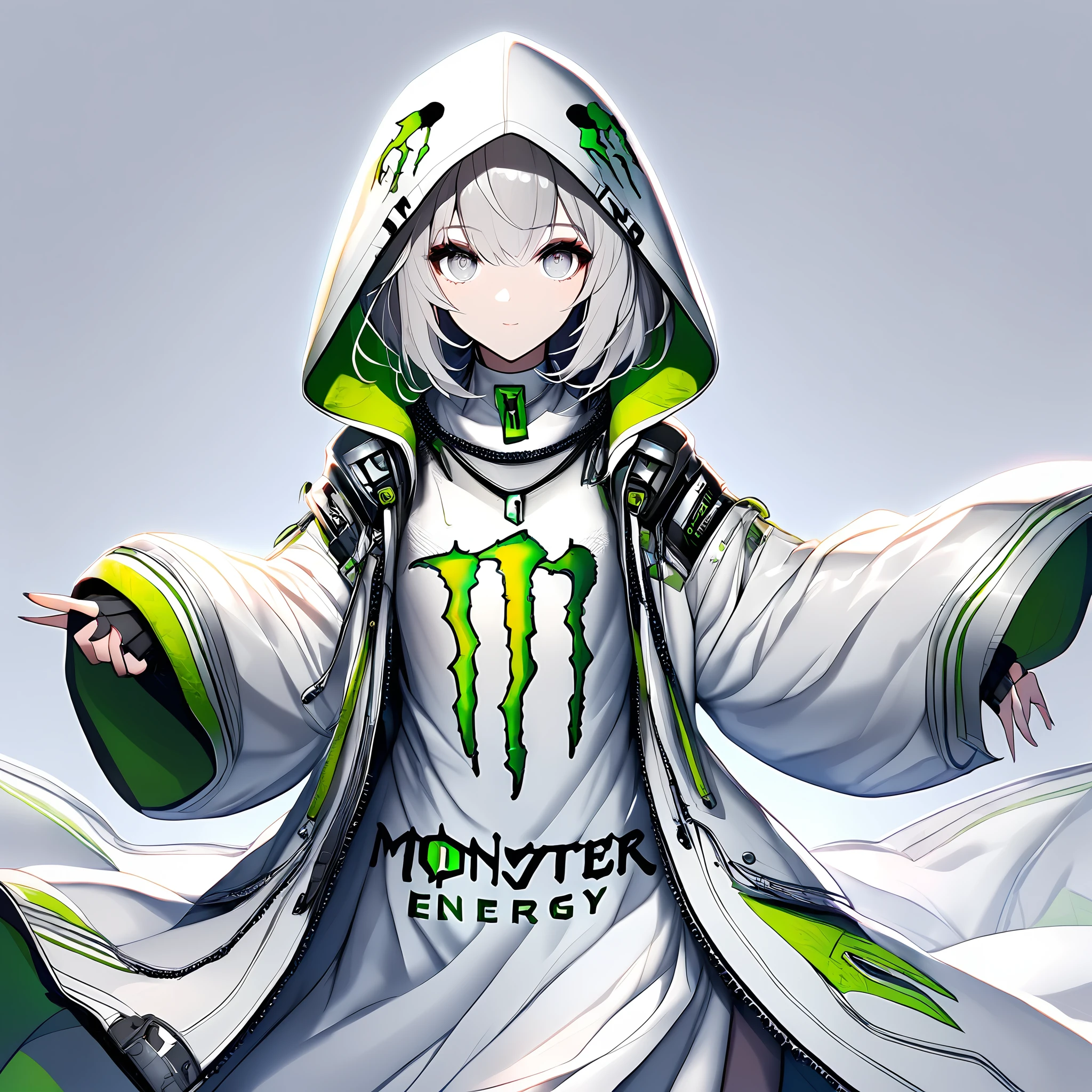 1girl, (solo:1.5), hood, (hood up:1.5), (light grey hair:1.5), (light grey eyes:1.5), light grey skin, looking at viewer, white robe
 <lora:monenaishou_xl_v1:1>, monenaishou