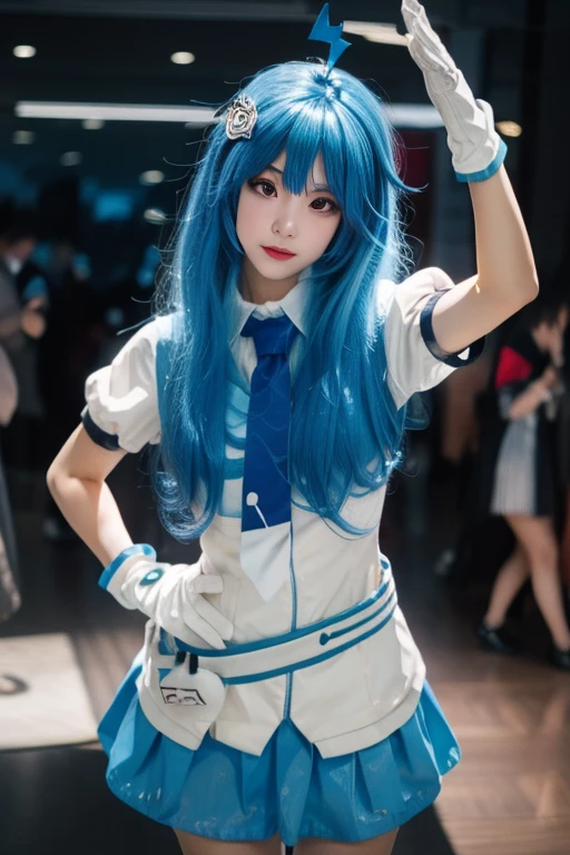 ltra-detailed,highly detailed,best quality,masterpiece,illustration,realistic,photorealistic,
22niang, bilibili suit, 1girl, cosplay, solo,
aqua hair, long hair, hair ornament, ahoge, hair ribbon,
collared shirt, puffy short sleeves, necktie, belt, pleated skirt, gloves,
looking at viewer, standing,
<lora:bilibili22niang_v1_07:0.99>