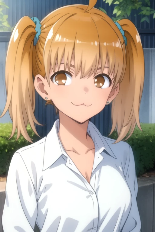 ((masterpiece)),(best quality),official art,extremely detailed CG,unity 8k wallpaper,ultra detailed,beautiful detailed eyes,extremely detailed face,outdoors,1girl,solo,upper body,(portrait:1.5),looking at viewer,facing viewer,smile,ahoge,brown hair,twintails,hair scrunchie,aqua scrunchie,stud earrings,bangs,brown eyes,:3,collarbone,collared shirt,white shirt,long sleeves,medium breasts,blue skirt,miniskirt,blue skirt,pleated skirt,white socks,uwabaki,<lora:Yoshi(dtwm,mn)>,