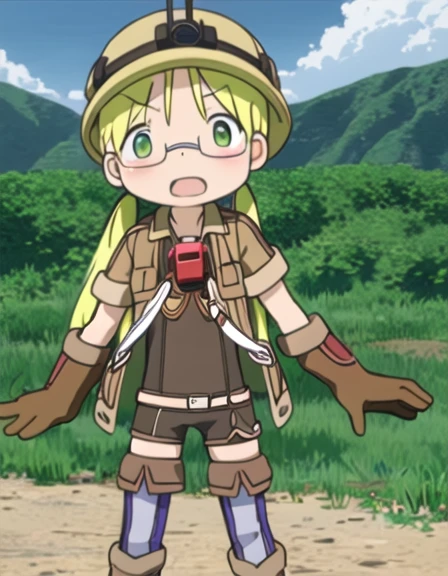 score_9, score_8_superior, score_7_superior, score_6_superior, sauce_anime, perfect hands, perfect eyes, break 1 girl, alone, Mavis, scenery, the third floor, last \(Made in Abyss\), blonde hair, green eyes, Glasses, low twin tails, gloves, Jacket, short sleeve, :d, open clothes, teeth, pants, bag, open Jacket, Backpack, Helmet, , brown gloves, brown Jacket, wave hands, woman , whistle, whistle around neck, looking at the viewer, brown Helmet,1girl,masterpiece, expensive quality, very_expensive_solve, big_file size, full color,(completely nude:1.2),pussy,niplles,(vaginal sex:1.2),