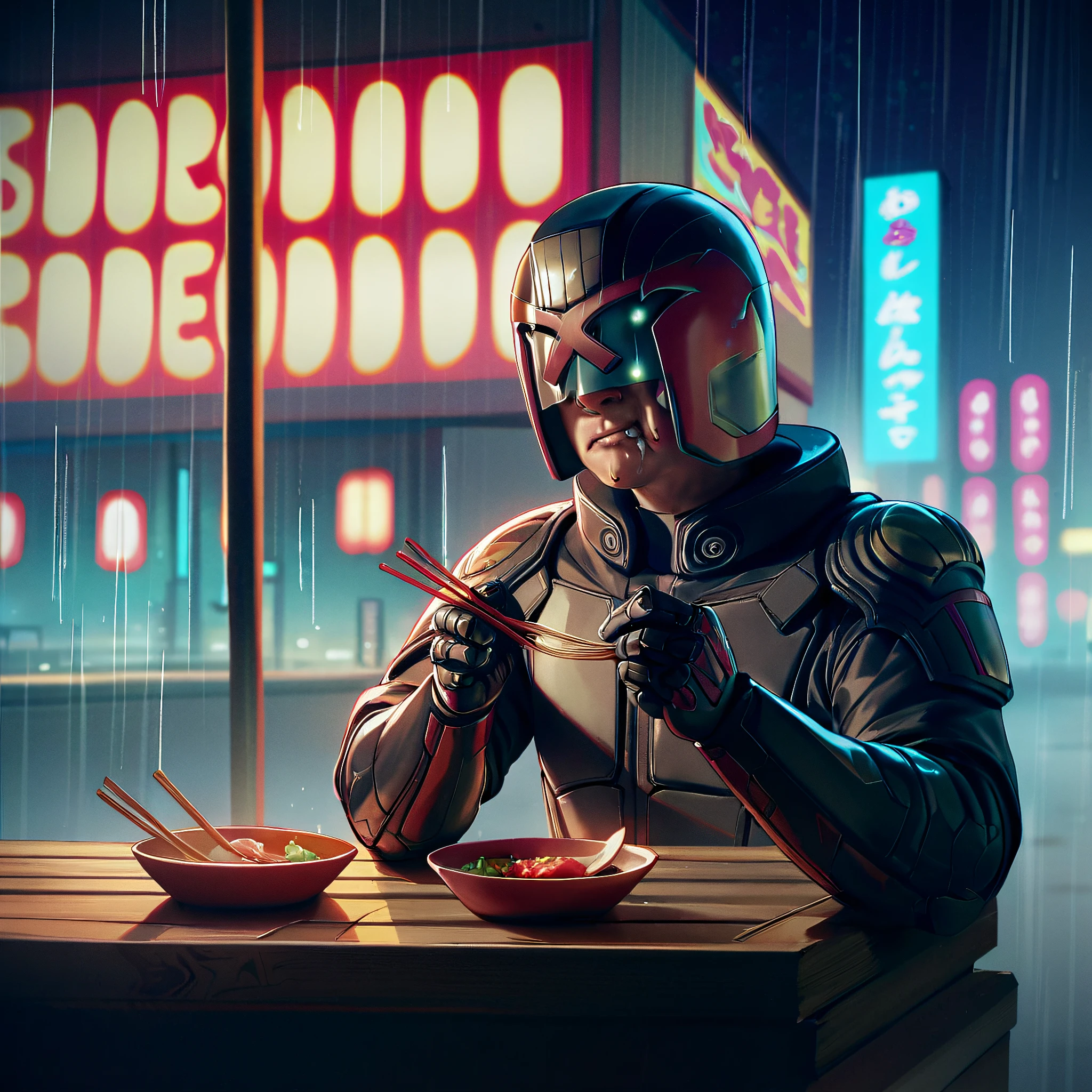 score_9, score_8_up, score_7_up, score_6_up, score_5_up, score_4_up, source_anime, BREAK, Judge Dredd in a helmet, eating noodles at a japanese noodle bar, jdgdrdd, leather armor, helmet, night, neon light, rain, cyberpunk, city, street food,