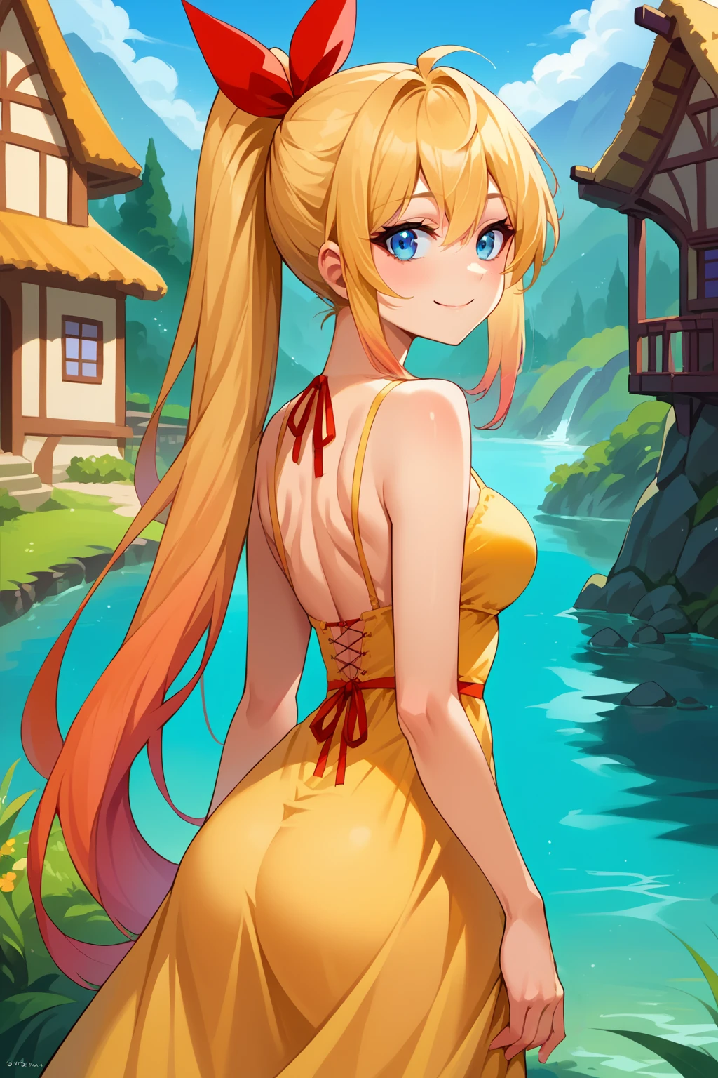 score_9, score_8_up, score_7_up, source_anime, cowboy shot, from behind, looking at viewer, smile, chtgkrsk, very long hair, gradient hair, ponytail, blue eyes, hair ribbon, red ribbon, yellow sundress, outdoors, town, architecture, river, <lora:Hoseki_Nsk_ChitogeKirisaki_PDXL_v1:1>