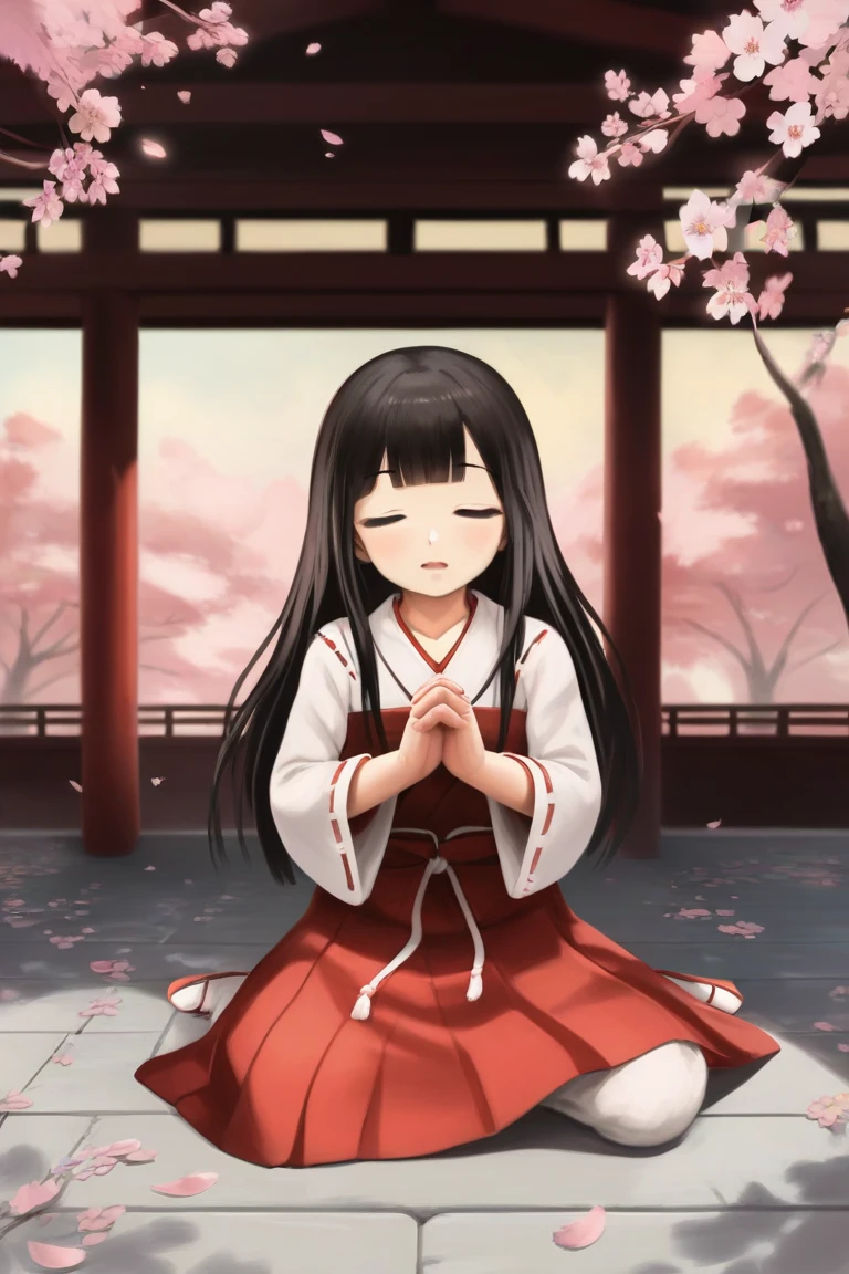 score_9, score_8_up, score_7_up, rating_safe BREAK
1girl, blunt bangs, forehead, extremely long hair, shiny black hair, closed eyes, flat chest, (praying hands), miko, red skirt, japanese clothes, on floor, (seiza), full body, wide shot, shrine, cherry blossoms