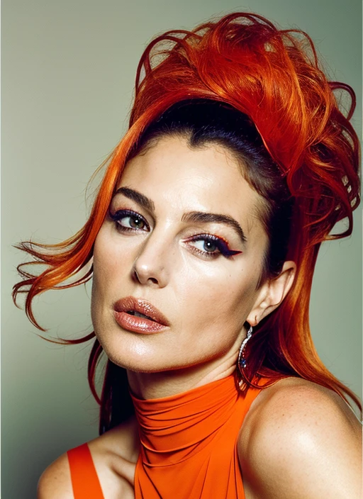 portrait of young and beautiful ((sks woman)) , by David LaChapelle, , supermodel <lora:locon_monicabellucci_v1_from_v1_64_32:1> <lora:age_slider_v6:-0.45>, portrait of ((sks woman)) by Flora Borsi, style by Flora Borsi, bold, bright colours, orange Mohawk haircut, ((Flora Borsi))