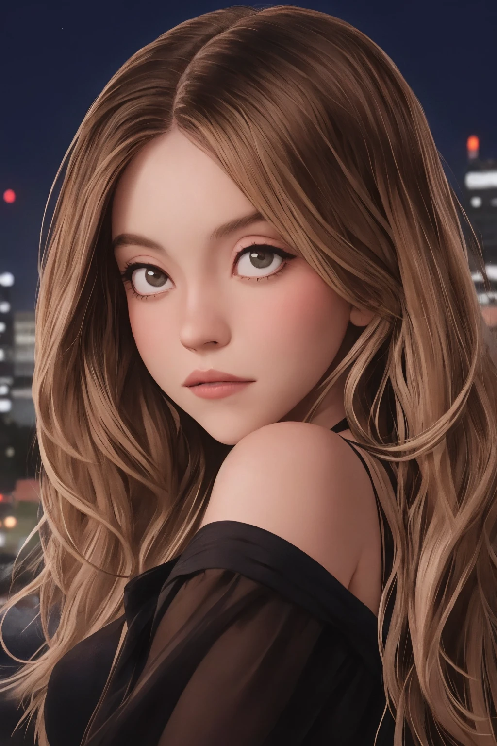 <lora:s1dn3ysw33n3y:1> s1dn3ysw33n3y 1girl, solo, long hair, portrait, city, night, (looking at viewer)