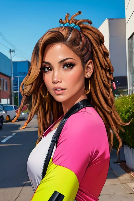 ((detailed)), ((masterpiece)),  8k resolution,
1girl, JenniferLopez, brown eyes, lips, earrings, jewelry, 
a woman, retro '80s look, neon leggings, scrunchie, (multicolored hair, colored tips, dreadlocks hairstyle:1.2), upper body,    <lora:celebrityown_JenniferLopez:0.6>
