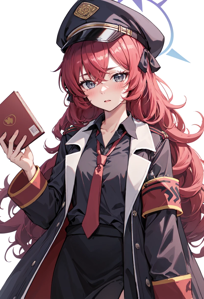 best quality, masterpiece, highres, solo, (iroha_bluearchive:1.10), 1girl, armband, jacket, long sleeves, red necktie, black shirt, blush, holding book, looking at viewer, military uniform, collared shirt, open clothes, safety pin, simple background, white background, black skirt, closed mouth, 2 <lora:iroha_bluearchive:0.80>